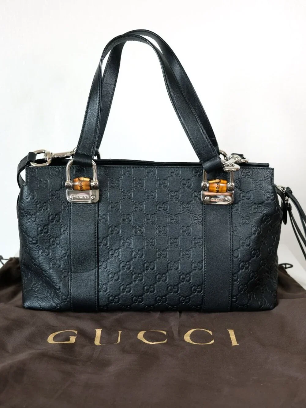 Gucci Guccissima Leather Bamboo Bar Tote, Excellent Condition, Matte Black